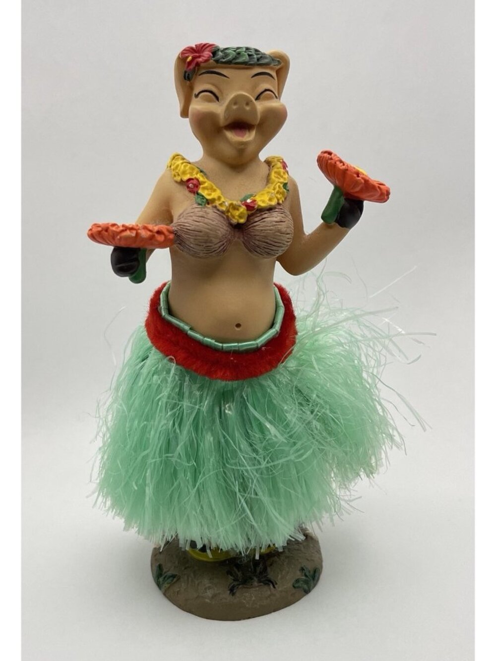 Hawaiian Hula Pig Bobber Figurine Grass Skirt Tropical Kitsch Resin 5.75" Car